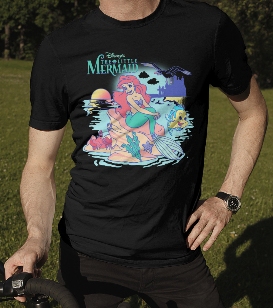Disney's The Little Mermaid Ariel With Flounder And Sebastian By Castle At Sunset T-Shirt