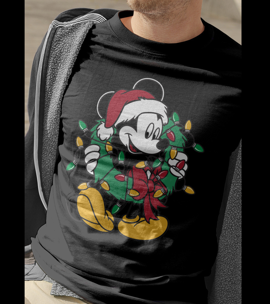 Disney Mickey Mouse Christmas Wreath Lights Santa Hat Holiday Decor T-Shirt