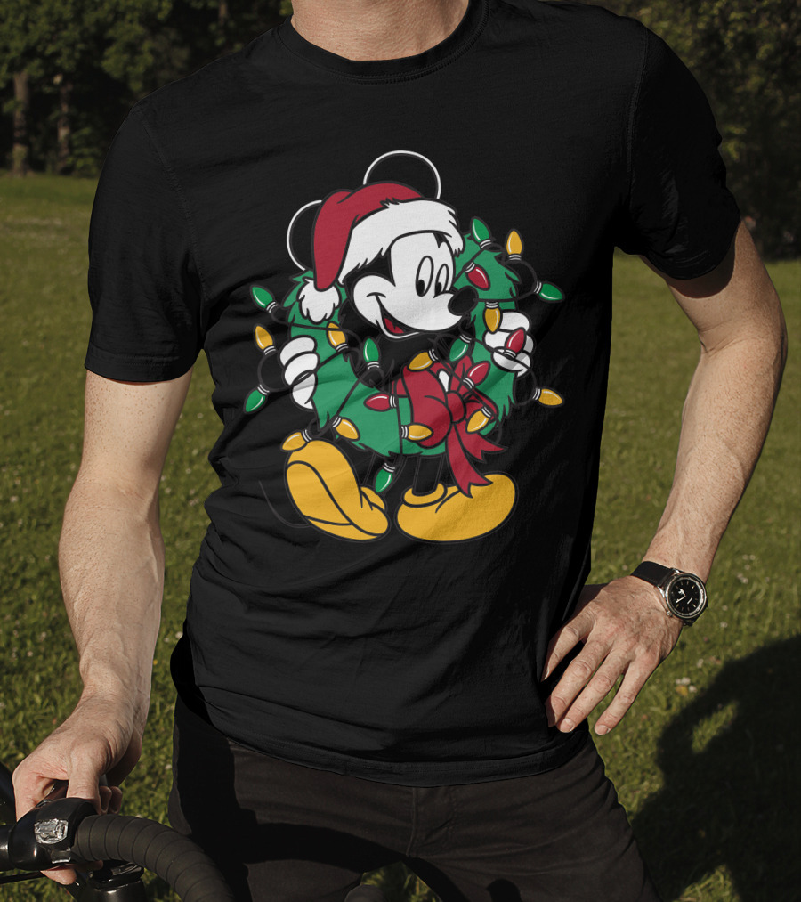 Disney Mickey Mouse Christmas Wreath Lights Santa Hat Holiday Decor T-Shirt