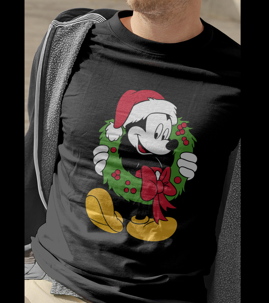 Disney Mickey Mouse Christmas Santa Hat Wreath Bow T-Shirt