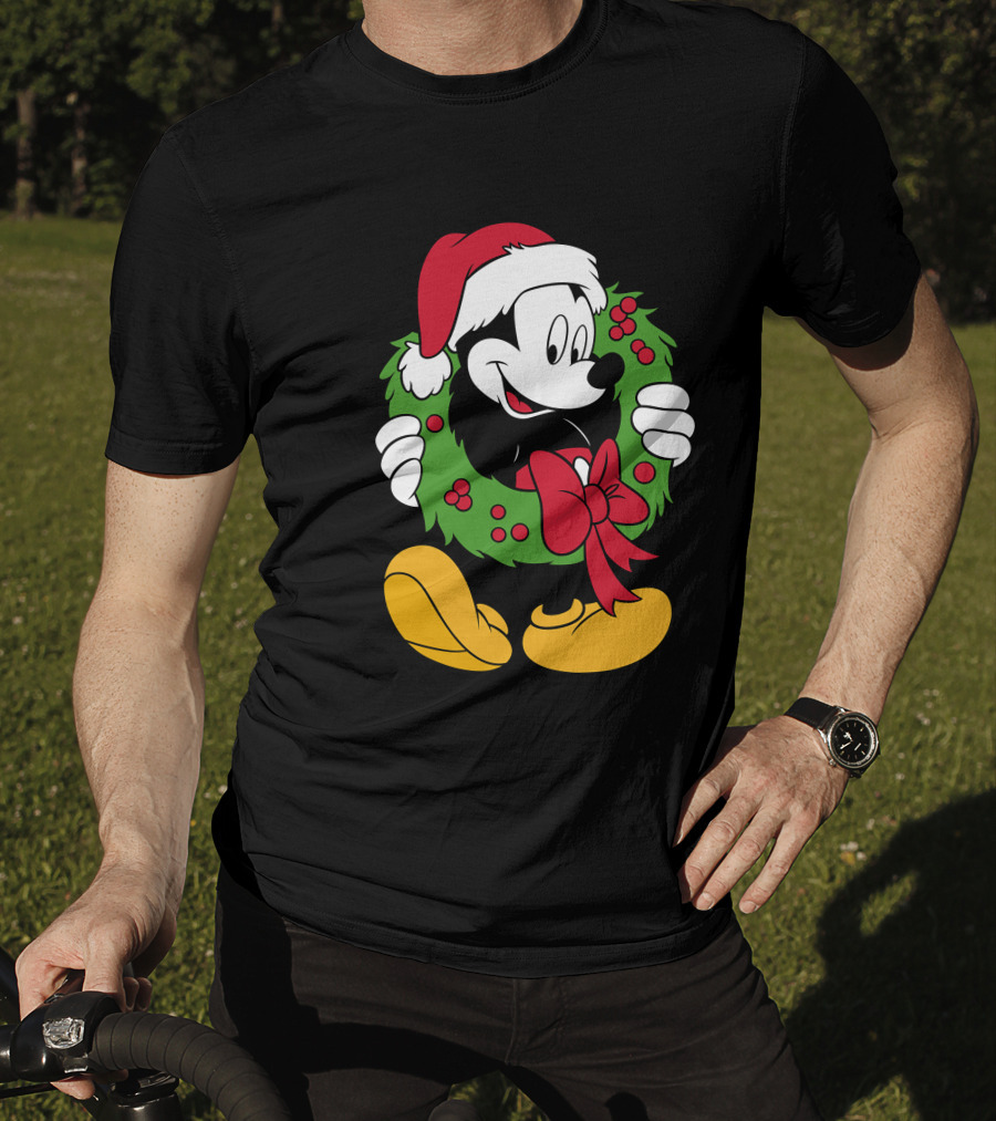 Disney Mickey Mouse Christmas Santa Hat Wreath Bow T-Shirt