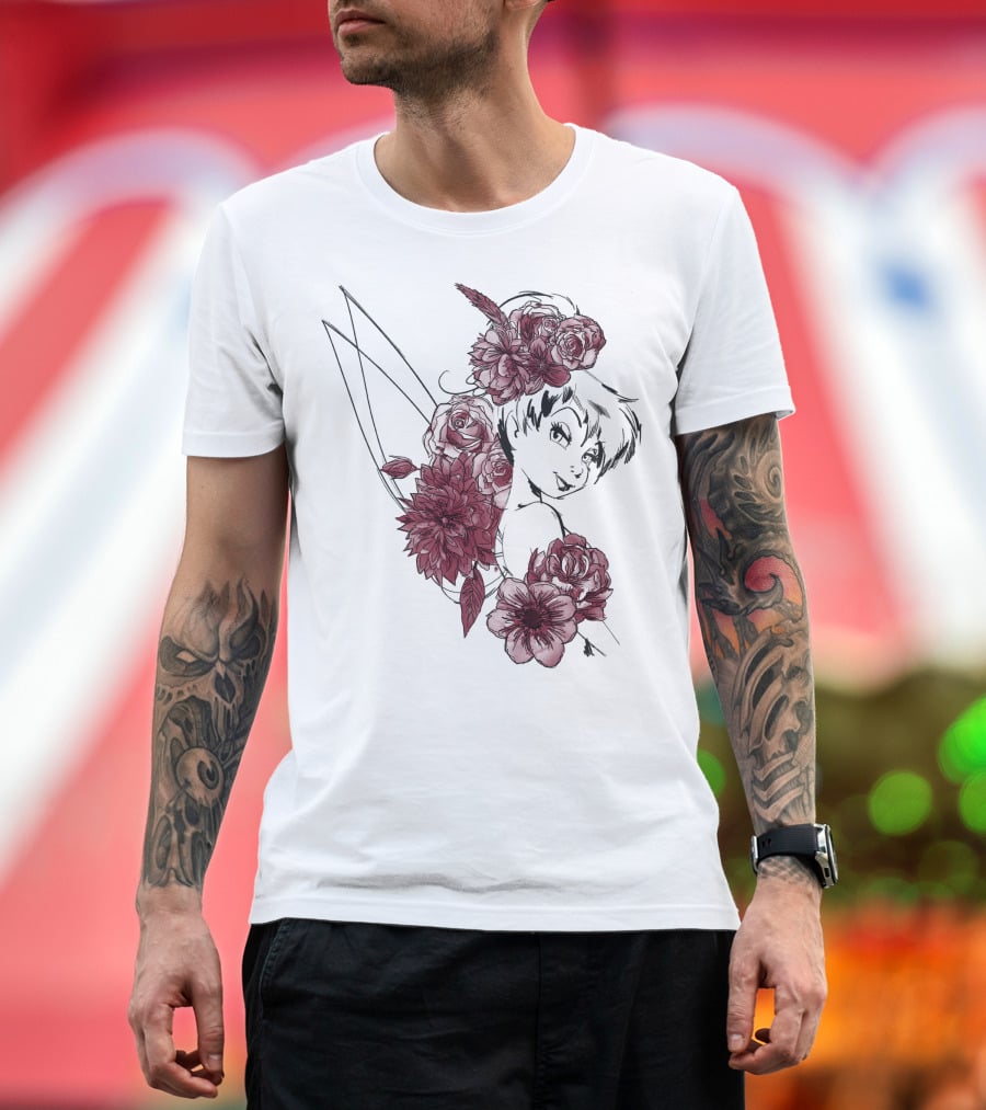 Disney Peter Pan Tinkerbell Red Floral Outline T-Shirt