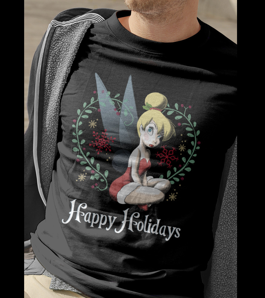Disney Peter Pan Tinkerbell Happy Holidays Christmas Snowflakes T-Shirt