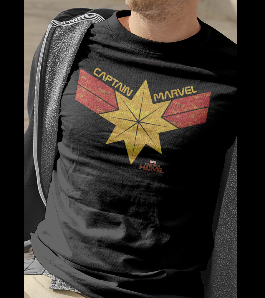 Captain Marvel Distressed Star Emblem With Red Ribbons T-Shirt