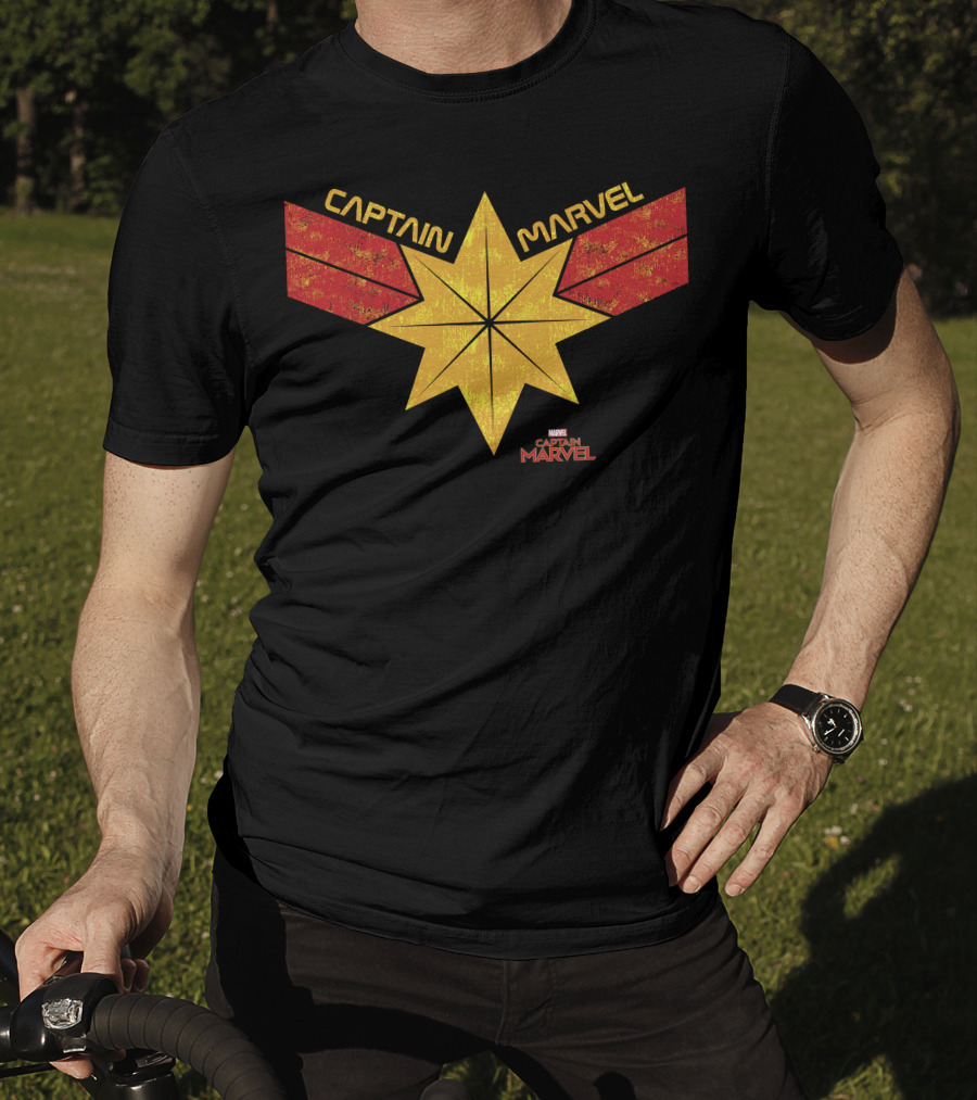 Captain Marvel Distressed Star Emblem With Red Ribbons T-Shirt