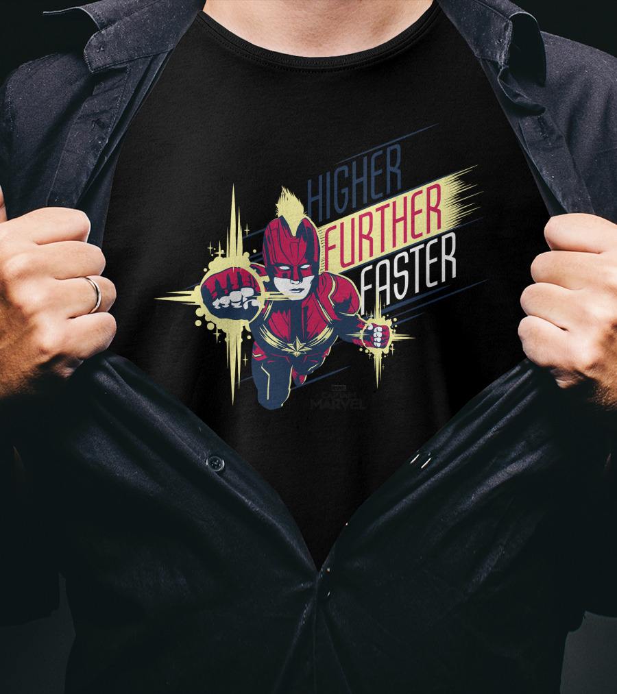 Captain Marvel Higher Further Faster Bold Heroic Charge T-Shirt