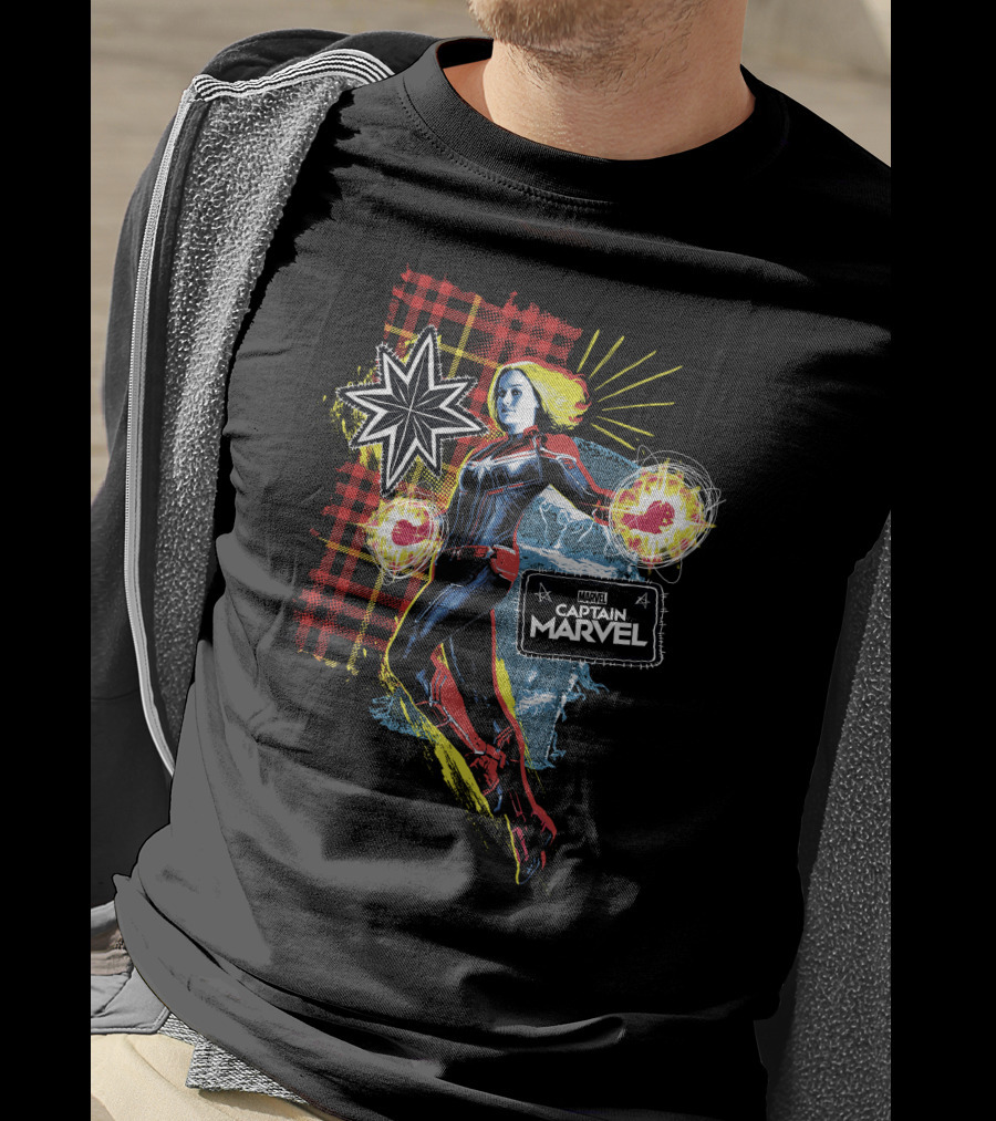 Captain Marvel Starburst Plaid Jean Patch Marvel Comics Hero T-Shirt