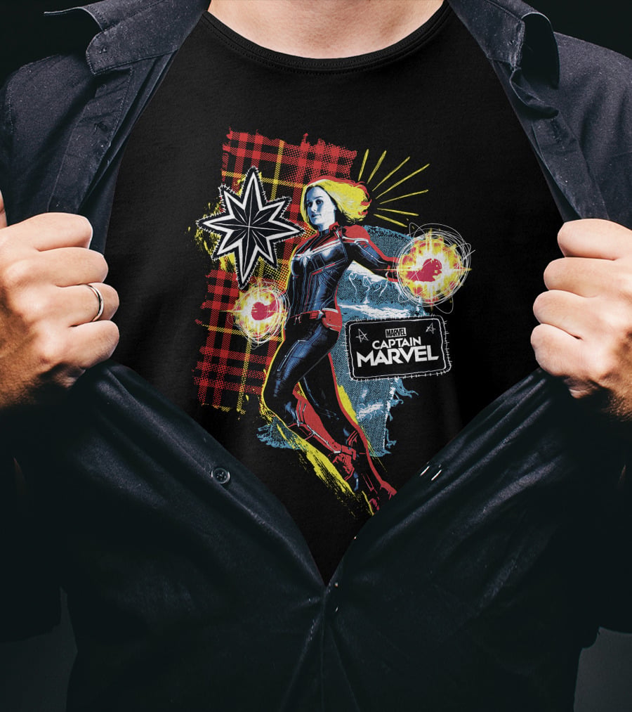 Captain Marvel Starburst Plaid Jean Patch Marvel Comics Hero T-Shirt