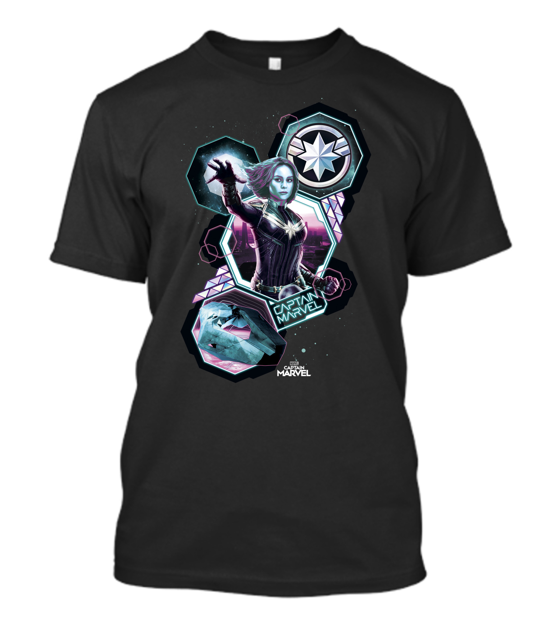 Captain Marvel Cosmic Starburst And Hexagonal Elements T-Shirt