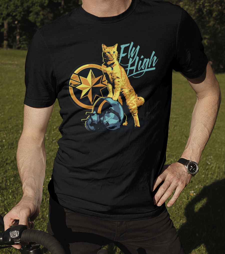 Captain Marvel Symbol Fly High Goose Cat Helmet T-Shirt