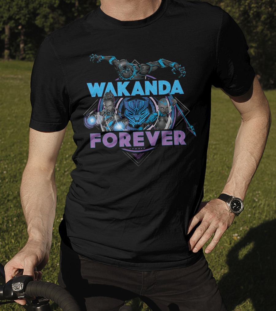 Wakanda Forever Marvel Black Panther Group Shot Blue Purple T-Shirt