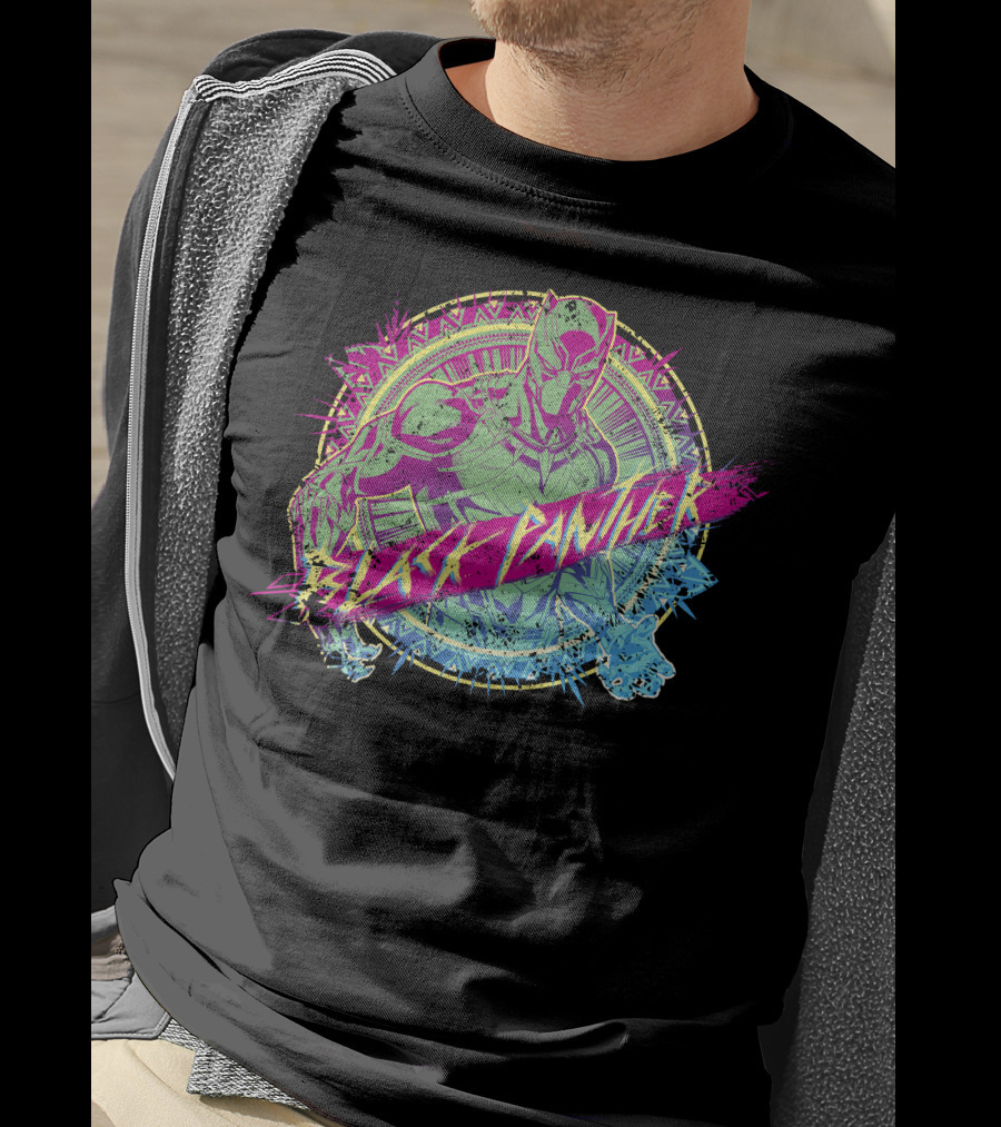 Black Panther Neon Paint Splatter Marvel Text T-Shirt