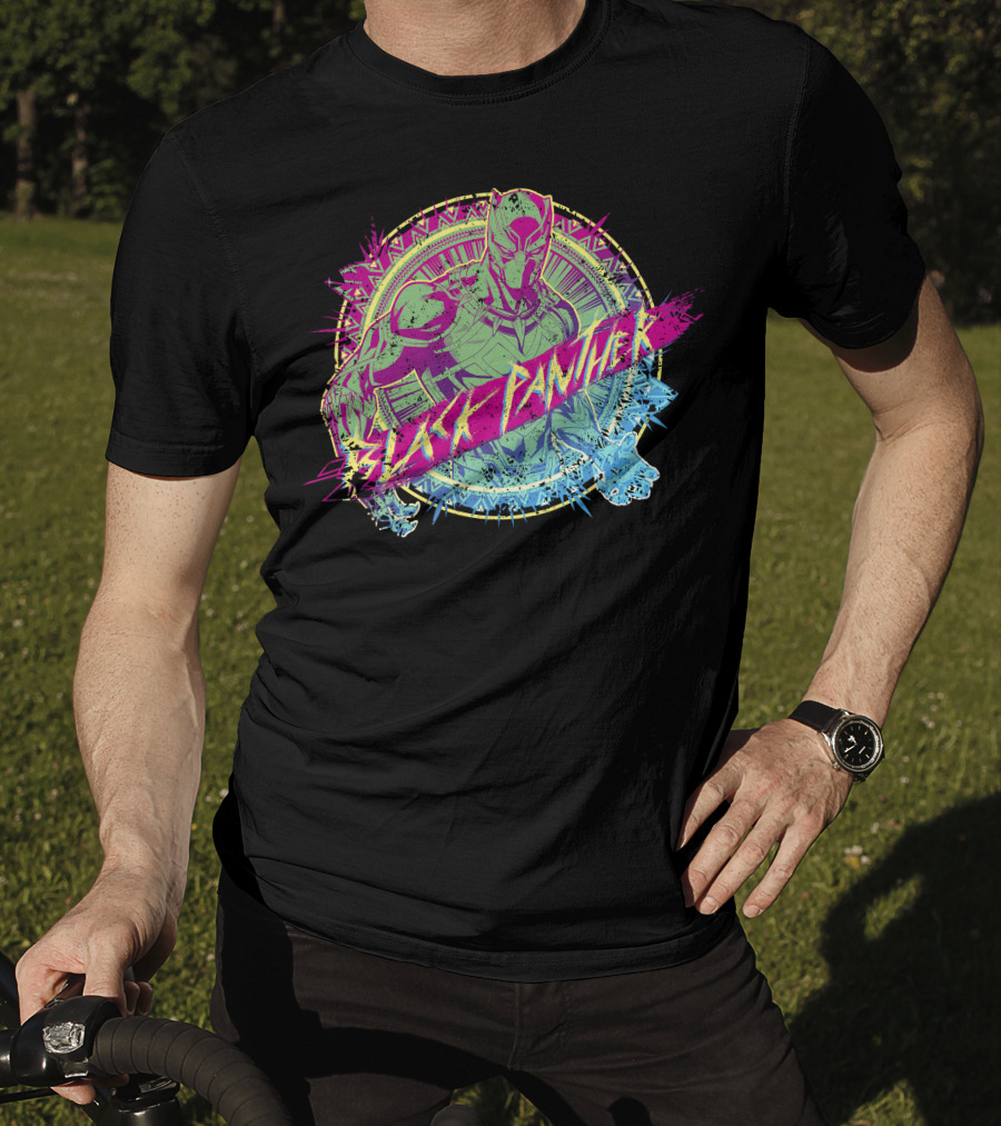 Black Panther Neon Paint Splatter Marvel Text T-Shirt