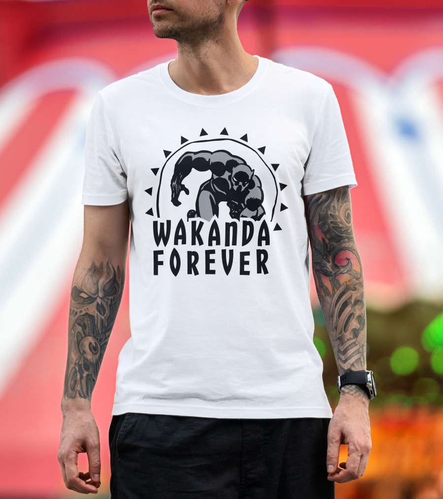 Marvel Black Panther Wakanda Forever Sun Triangles Hero Pose T-Shirt