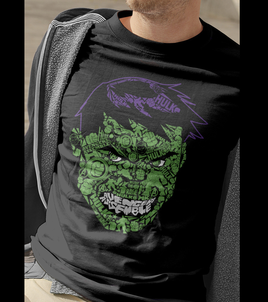 Avengers Assemble Hulk Rage Face With Smash Symbol And Purple Hair Elements T-Shirt
