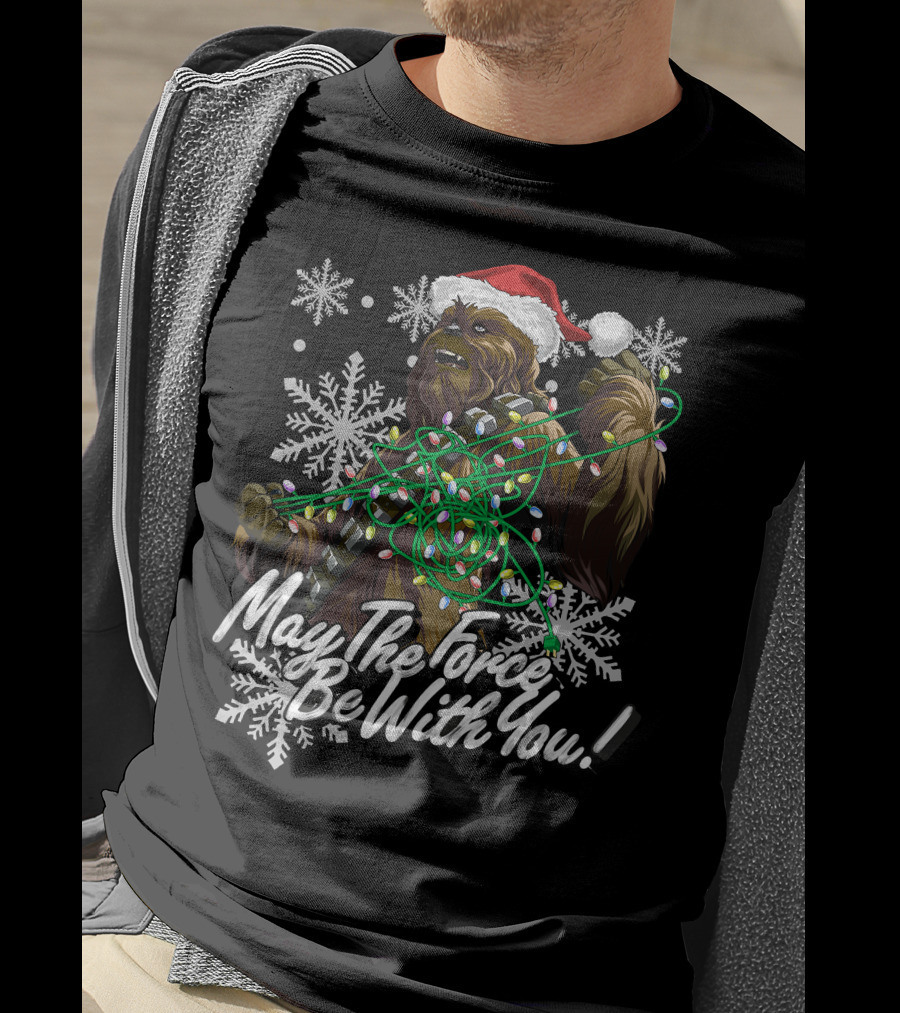 May The Force Be With You Chewbacca Santa Hat Tangled Lights Snowflakes T-Shirt