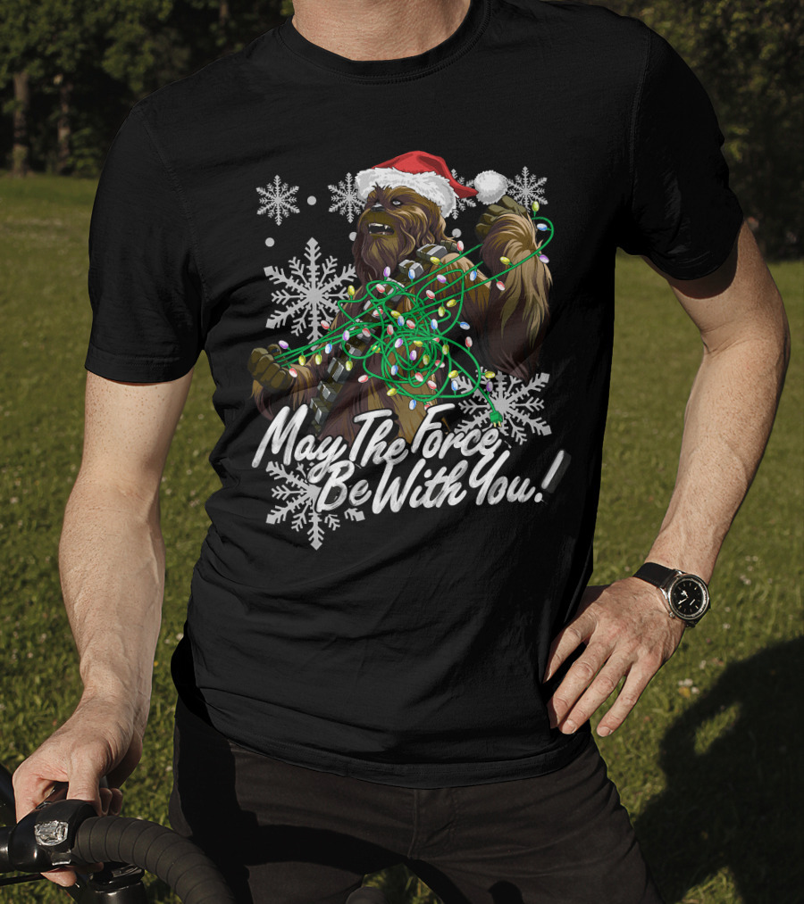 May The Force Be With You Chewbacca Santa Hat Tangled Lights Snowflakes T-Shirt