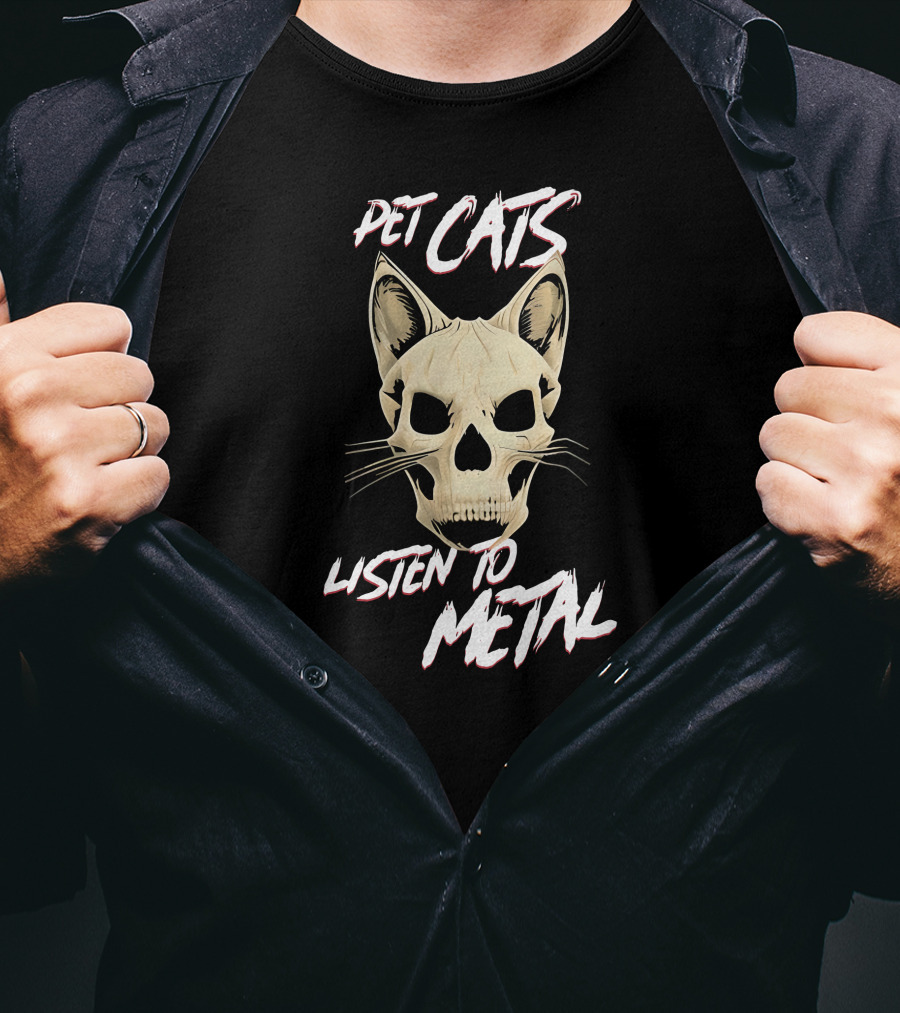 Pet Cats Listen To Metal Skull Headcat T-Shirt