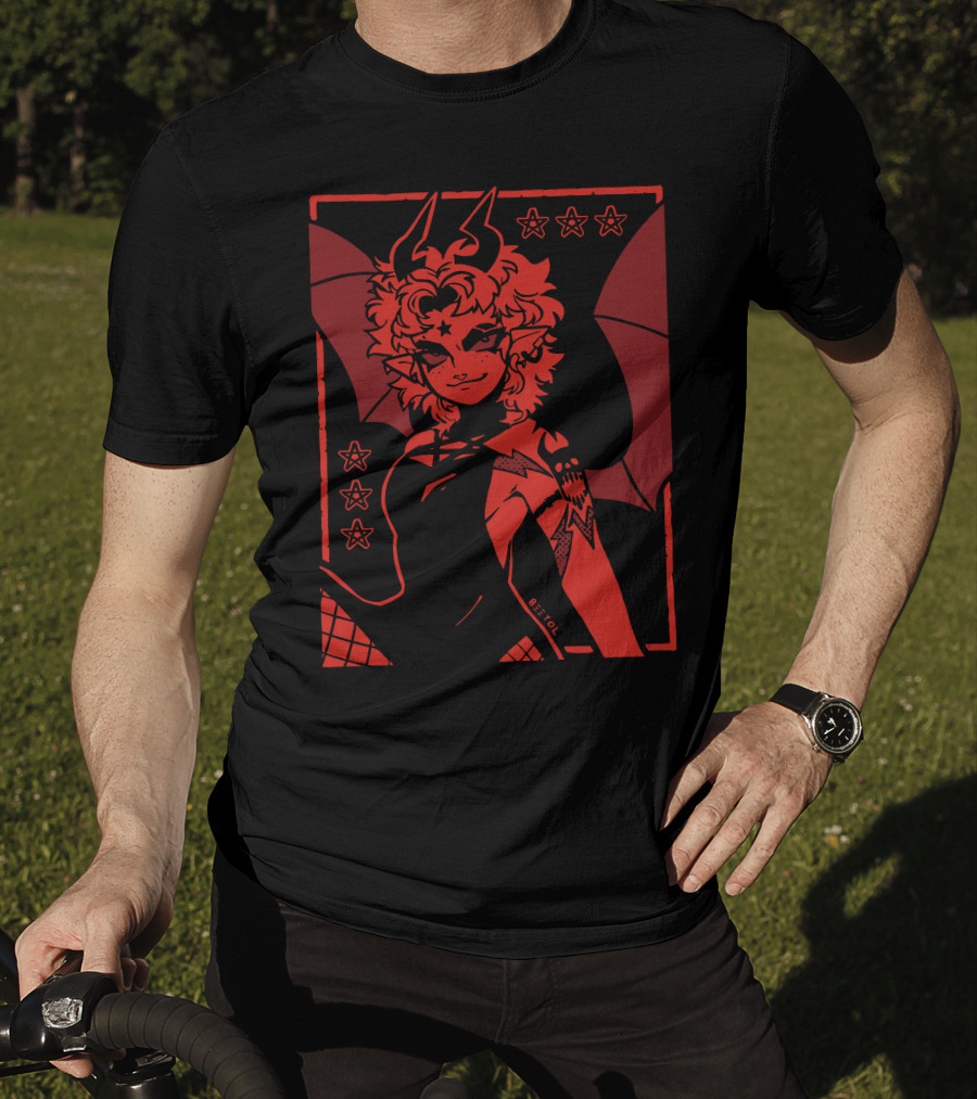 He's Satanic Red Devil Horned Figure With Bat Wings And Stars By Bitol T-Shirt