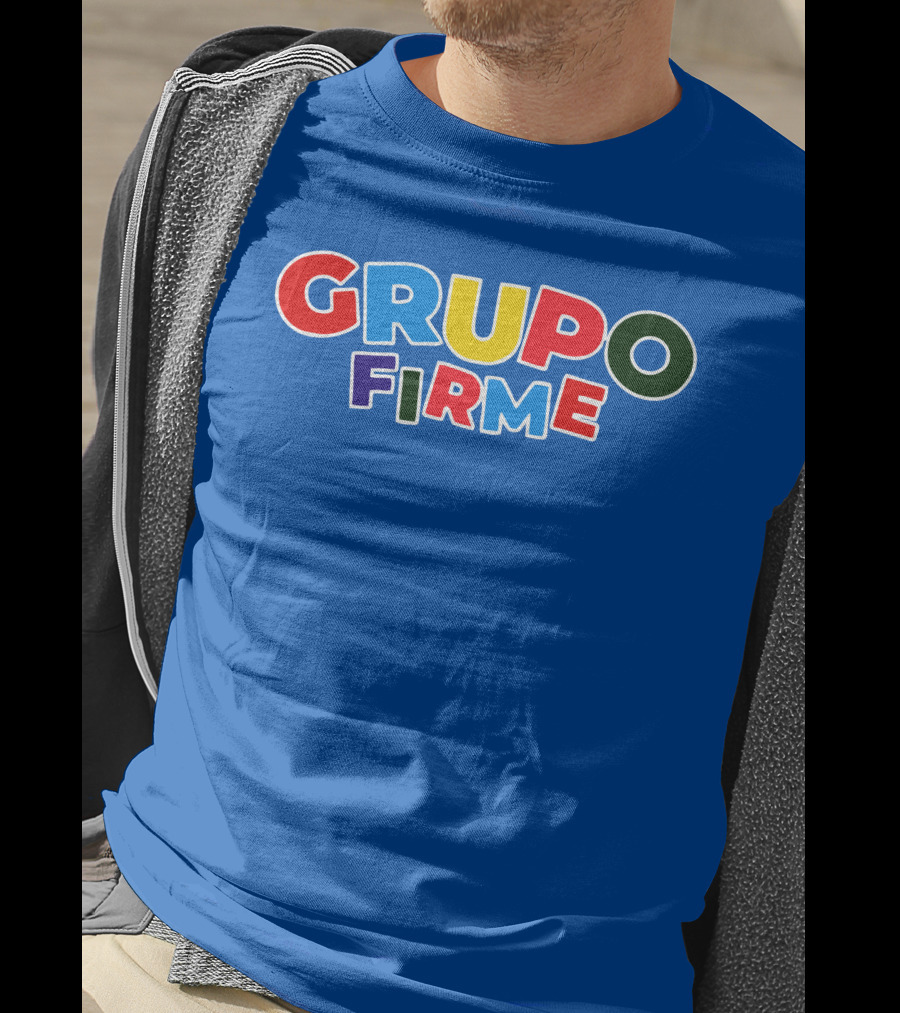 GRUPO FIRME Merch Bold Colorful Text On Blue T-Shirt