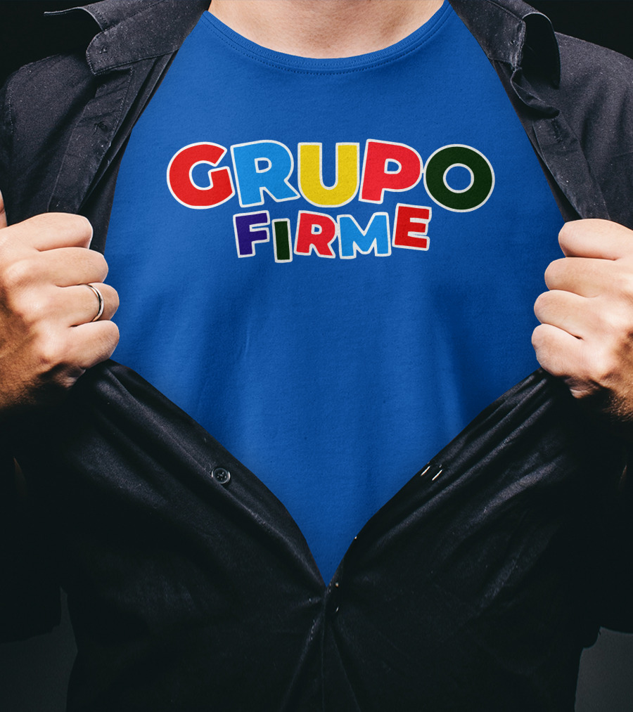 GRUPO FIRME Merch Bold Colorful Text On Blue T-Shirt