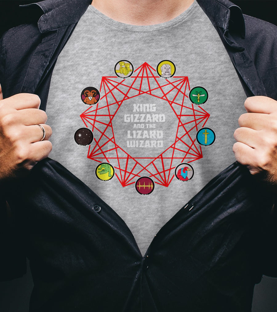 King Gizzard And The Lizard Wizard Merch With Iconic Symbols And Red Geometric Web T-Shirt