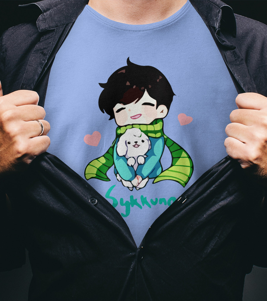 Sykkuno Cute Chibi Character With Puppy And Green Scarf T-Shirt