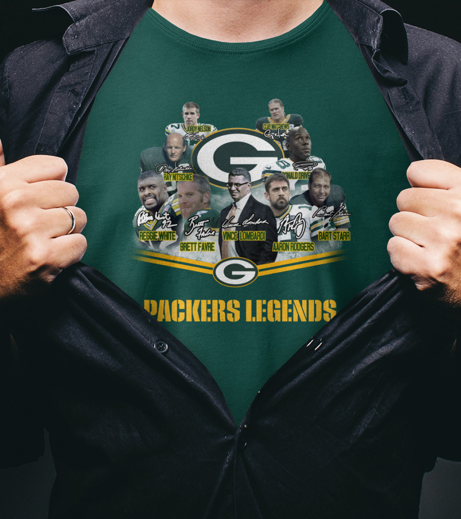 Packers Legends Vince Lombardi Reggie White Brett Favre Aaron Rodgers Ray Nitschke Bart Starr Curly Lambeau Paul Hornung T-Shirt