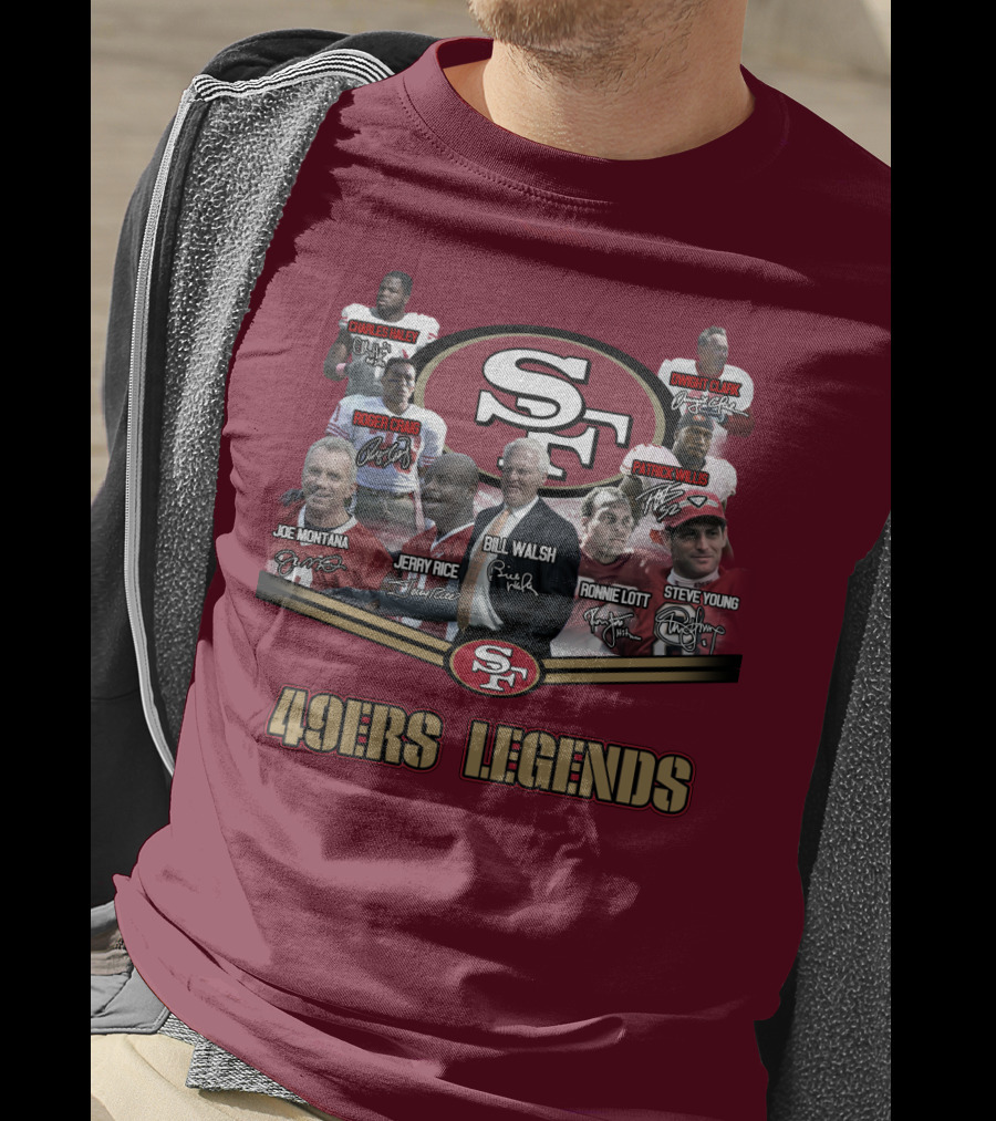 49ers Legends Joe Montana Jerry Rice Ronnie Lott Steve Young Charles Haley Roger Craig Dwight Clark Patrick Willis Bill Walsh T-Shirt