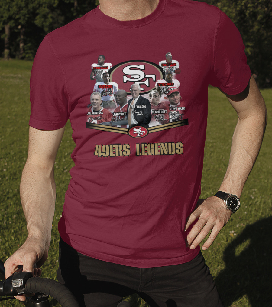 49ers Legends Joe Montana Jerry Rice Ronnie Lott Steve Young Charles Haley Roger Craig Dwight Clark Patrick Willis Bill Walsh T-Shirt