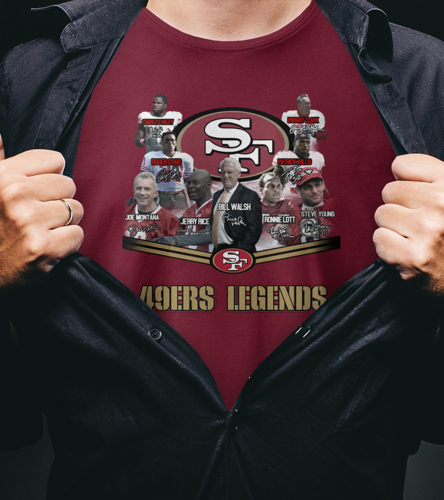 49ers Legends Joe Montana Jerry Rice Ronnie Lott Steve Young Charles Haley Roger Craig Dwight Clark Patrick Willis Bill Walsh T-Shirt