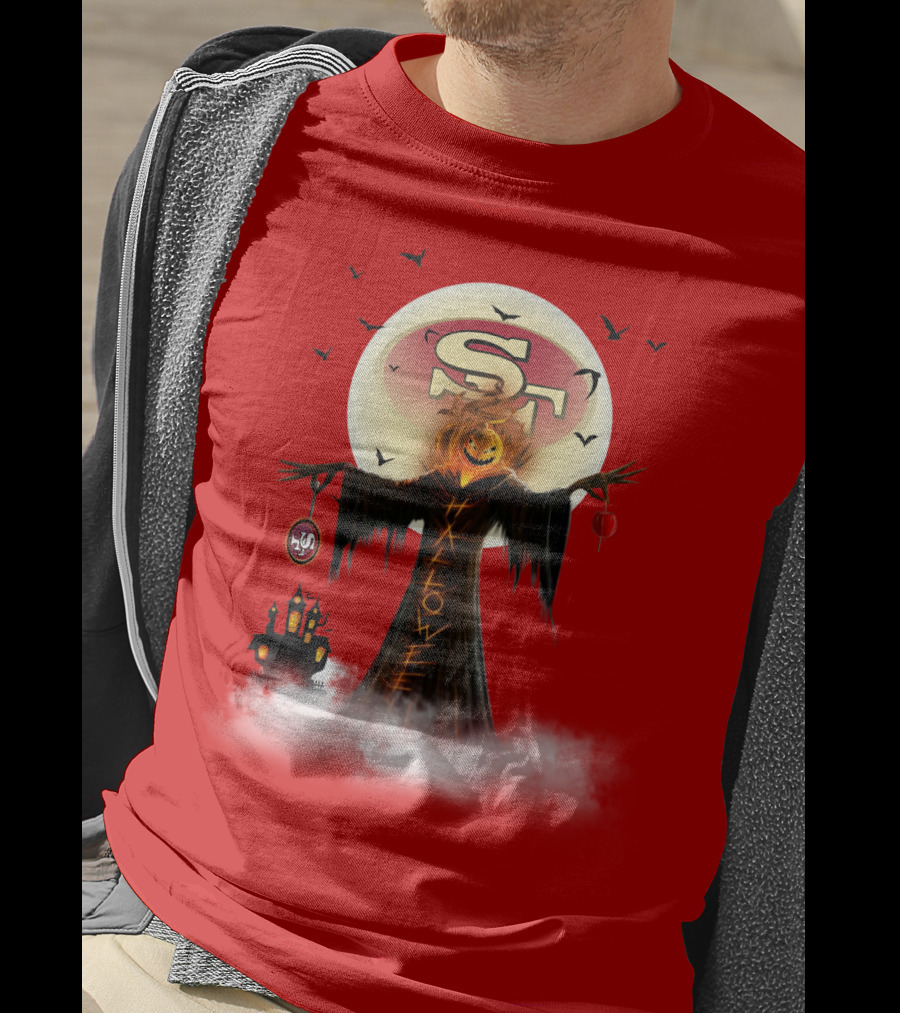 Halloween Scarecrow With Sf Logo And Haunted Castle T-Shirt