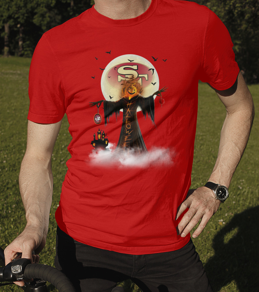 Halloween Scarecrow With Sf Logo And Haunted Castle T-Shirt