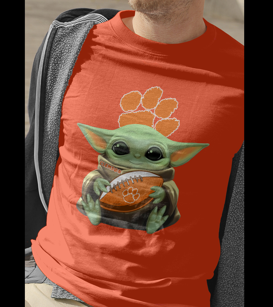 Clemson Orange Paw Baby Yoda Football T-Shirt