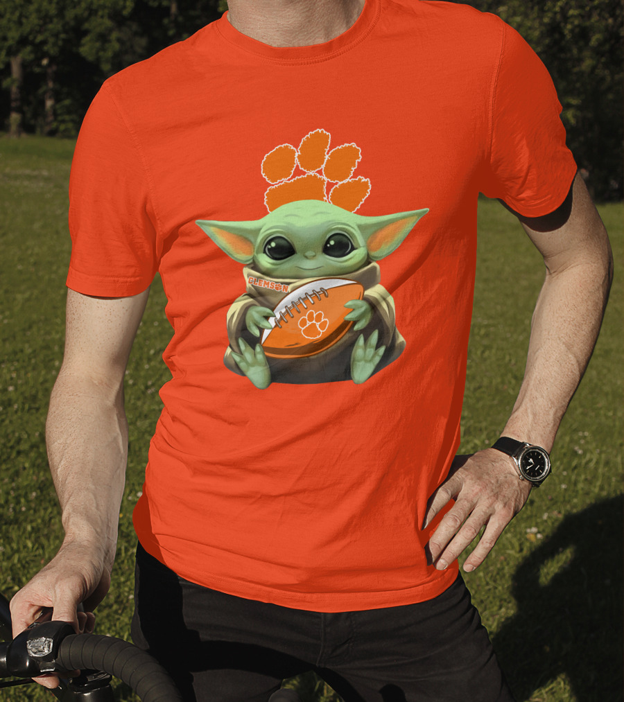 Clemson Orange Paw Baby Yoda Football T-Shirt