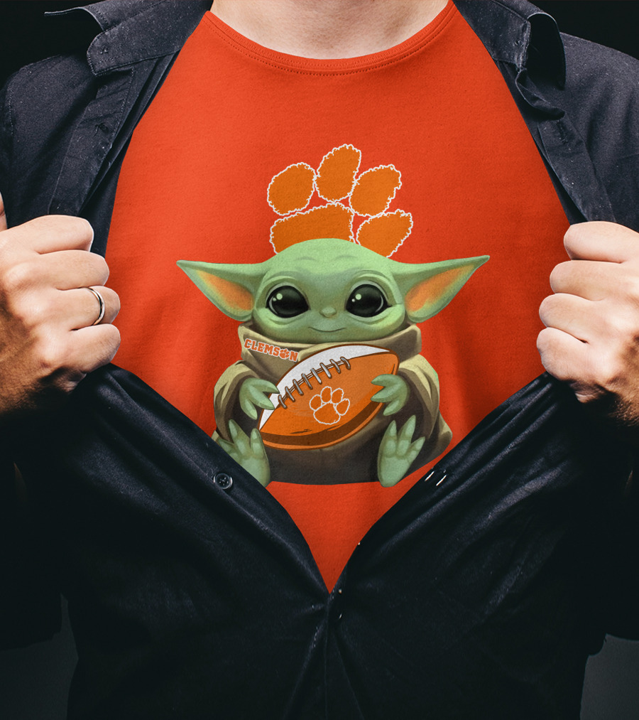 Clemson Orange Paw Baby Yoda Football T-Shirt