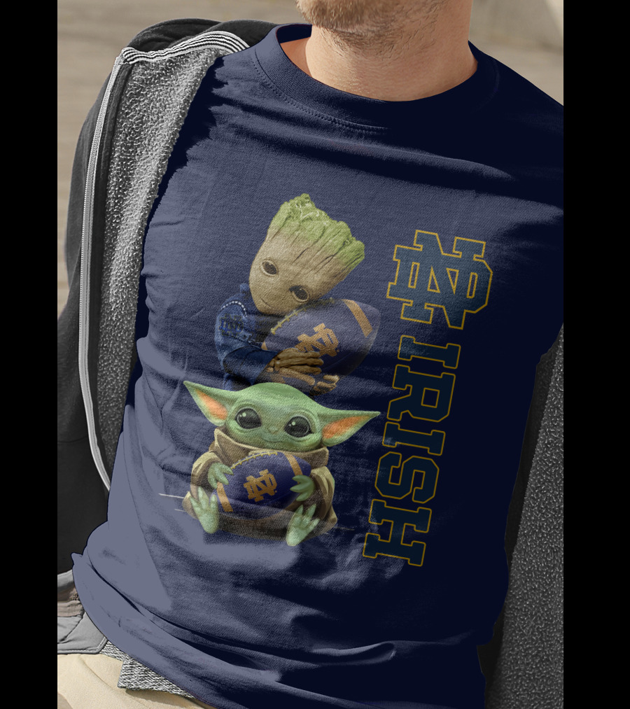 Notre Dame Irish Baby Groot And Baby Yoda Football T-Shirt