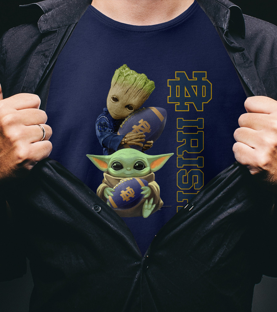 Notre Dame Irish Baby Groot And Baby Yoda Football T-Shirt