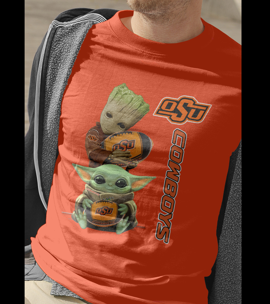 Osu Cowboys Groot And Baby Yoda Hugging Football T-Shirt