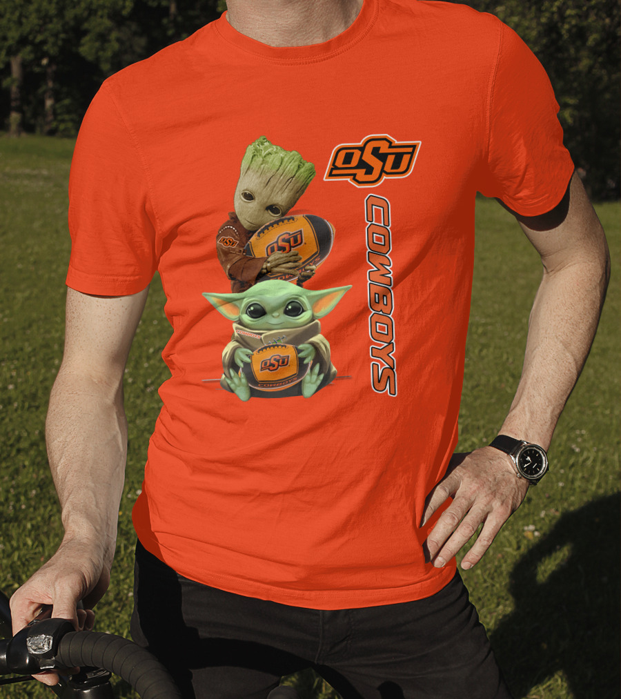 Osu Cowboys Groot And Baby Yoda Hugging Football T-Shirt