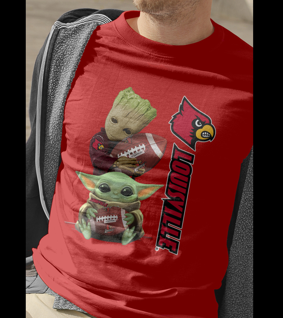 Groot Baby Yoda Holding Football Louisville Cardinals T-Shirt