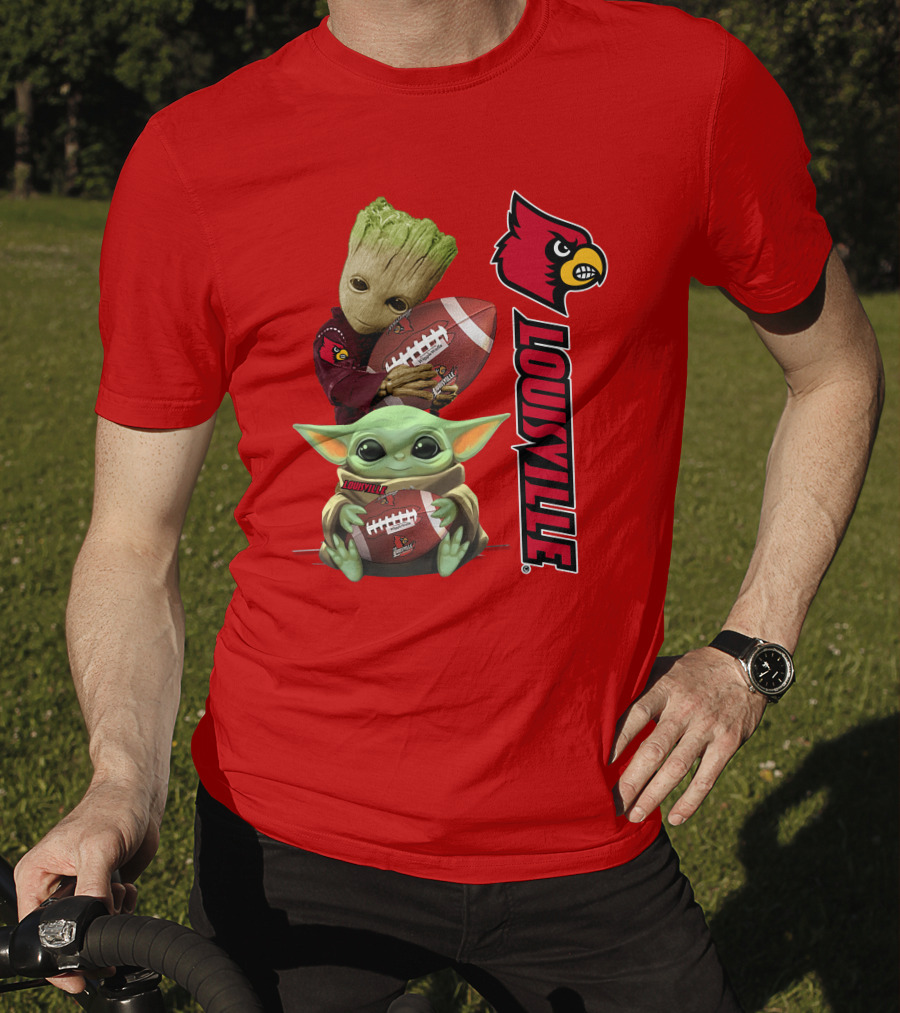 Groot Baby Yoda Holding Football Louisville Cardinals T-Shirt