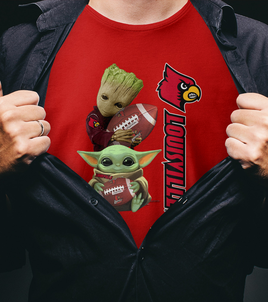 Groot Baby Yoda Holding Football Louisville Cardinals T-Shirt