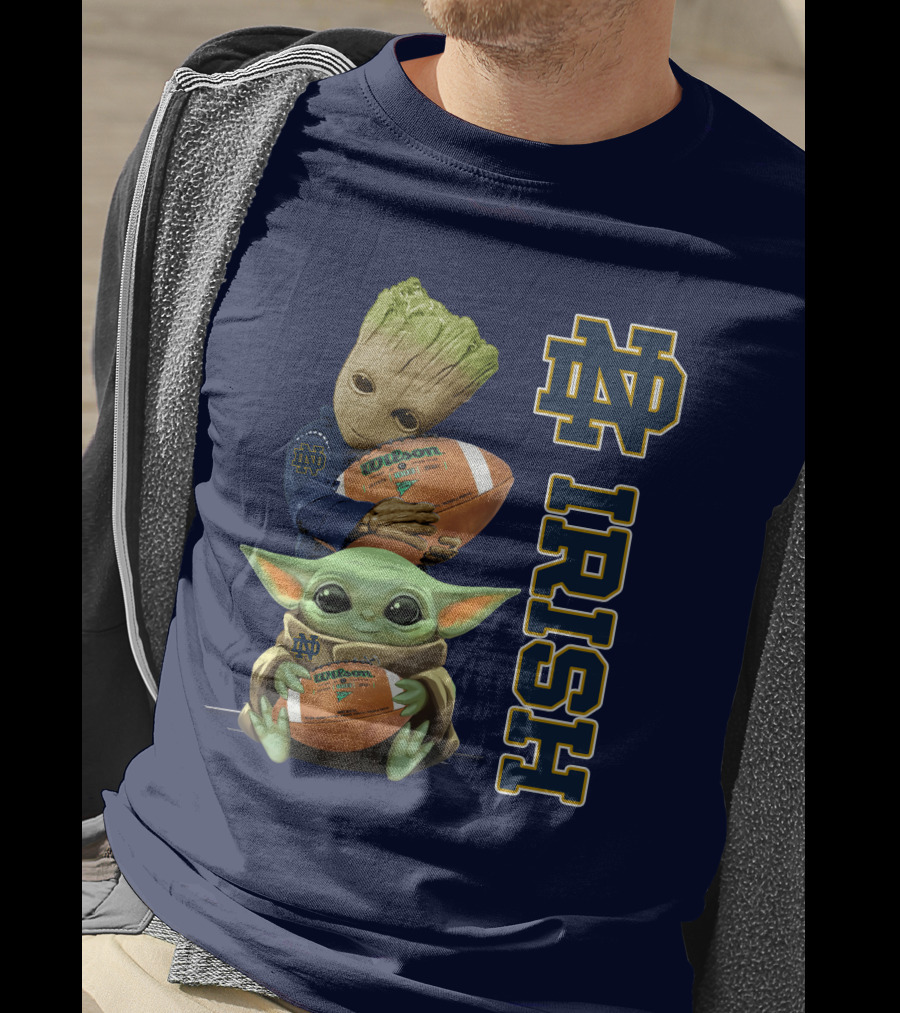 Notre Dame Irish Groot And Baby Yoda Holding Wilson Football T-Shirt