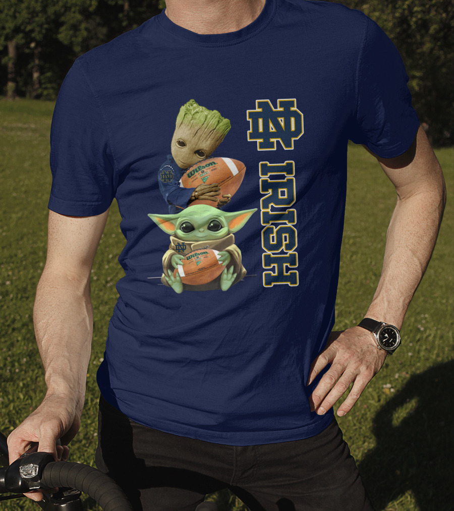Notre Dame Irish Groot And Baby Yoda Holding Wilson Football T-Shirt