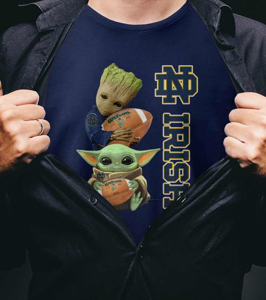 Notre Dame Irish Groot And Baby Yoda Holding Wilson Football T-Shirt