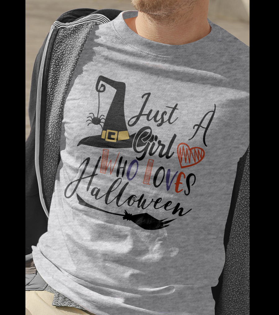 Just A Girl Who Loves Halloween Witch Hat And Broom With Spider And Heart T-Shirt