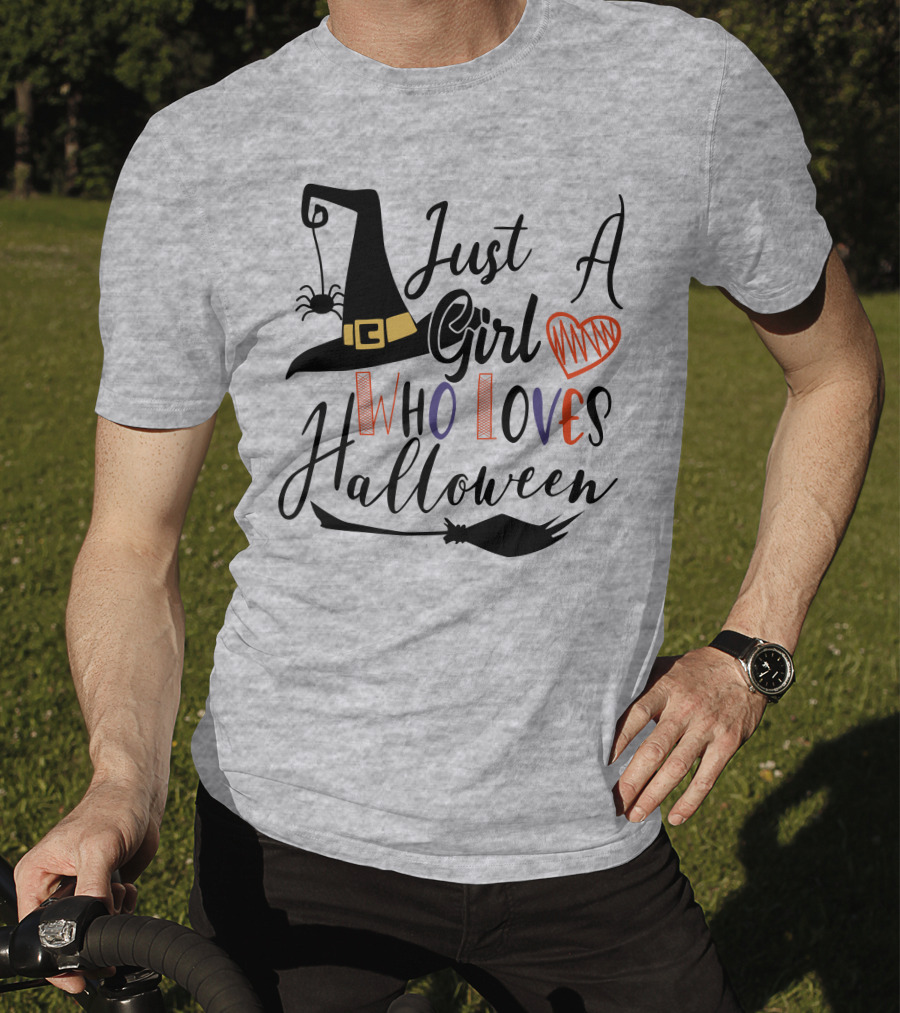 Just A Girl Who Loves Halloween Witch Hat And Broom With Spider And Heart T-Shirt