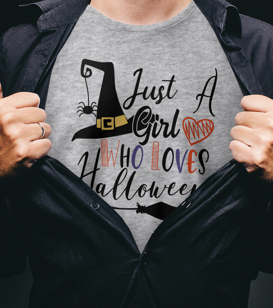 Just A Girl Who Loves Halloween Witch Hat And Broom With Spider And Heart T-Shirt