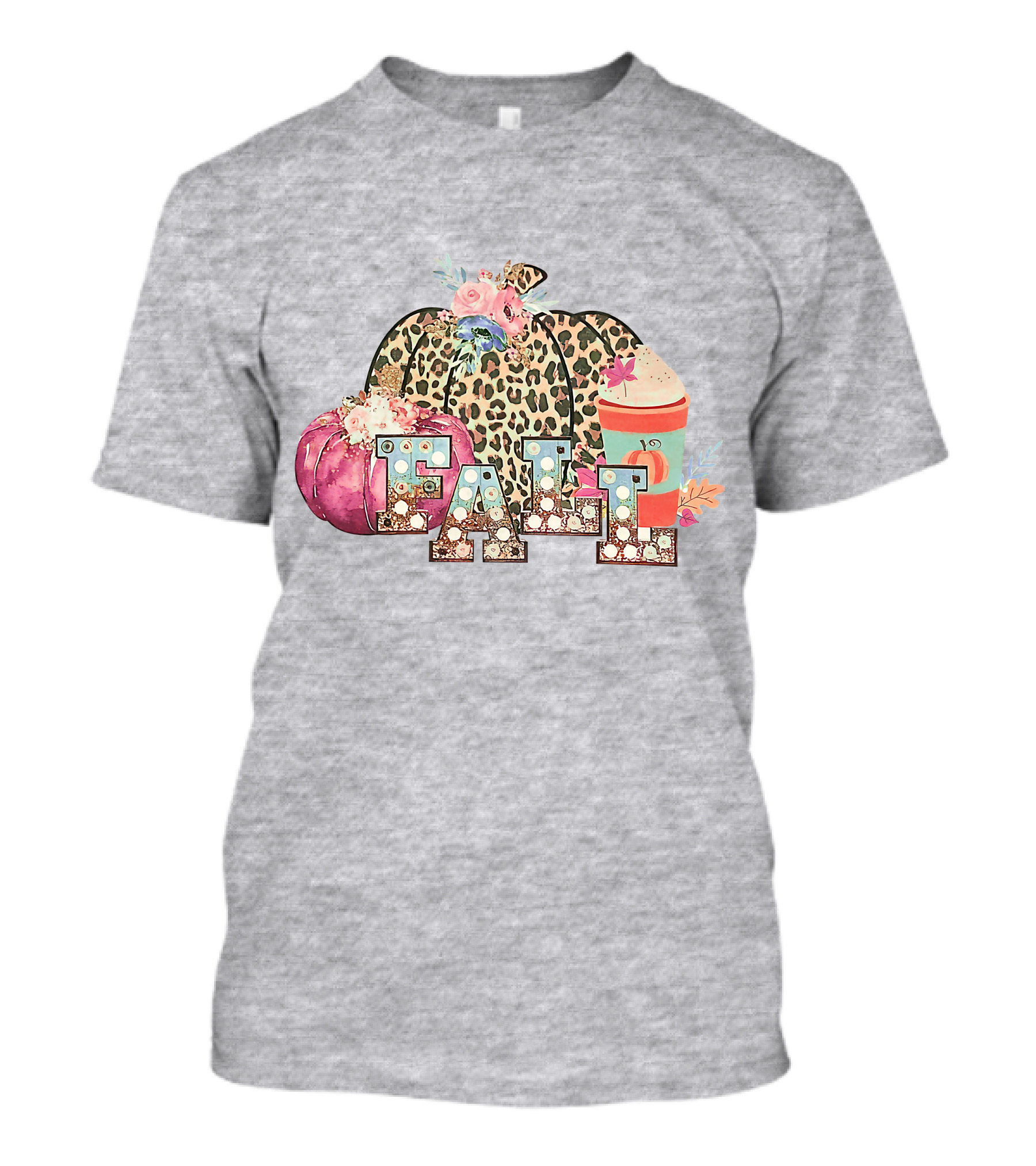 FALL Leopard Print Pumpkin With Coffee Latte And Flowers T-Shirt